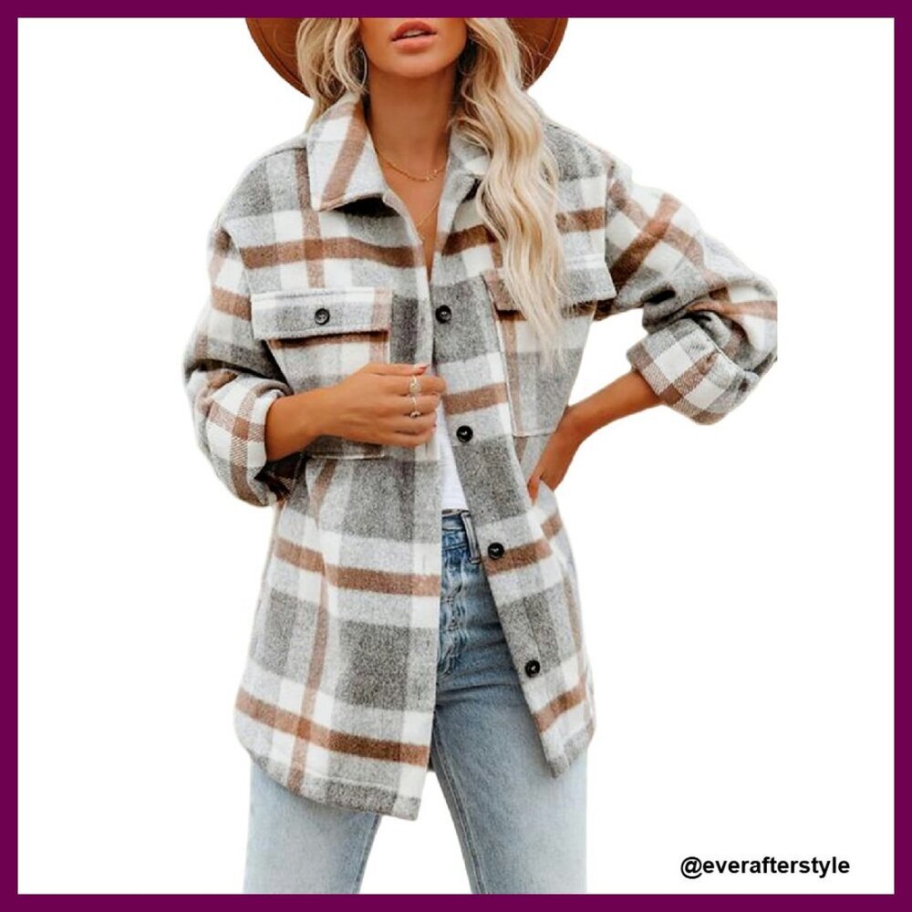 Oversized Flannel Shacket Button Down Plaid Long Sleeve Chic Casual Y2K - Picture 1 of 7